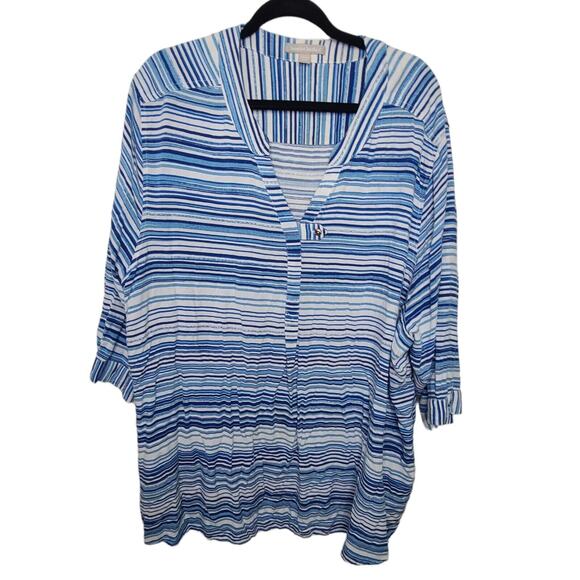 Woman Within Tops - Woman Within Womens Plus‎ 4X 34/36 Blue Striped Top Blouse V-Neck Beach Summer